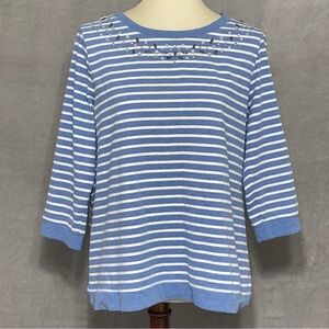 Chico’s Weekends Blue White Striped Embellished 3/4 Sleeve Top Size 2 (US Sz L)